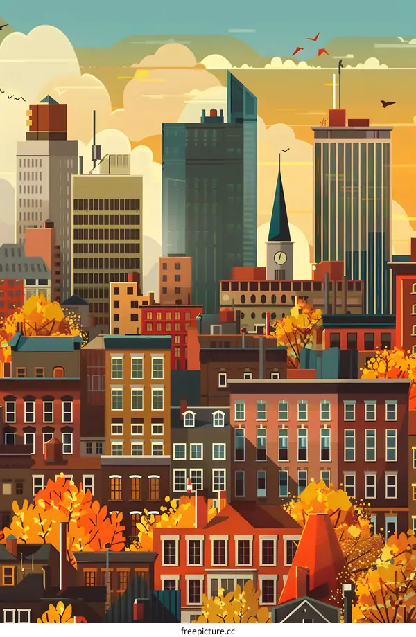 Autumn Cityscape with Colorful Buildings