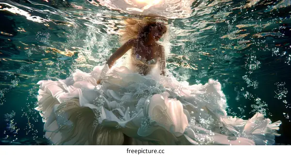 An underwater photo of a woman wearing a white wedding dress
