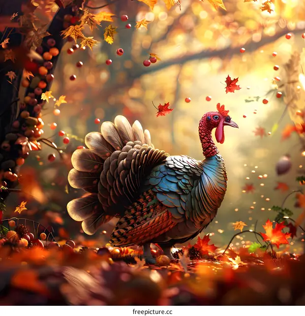 A turkey standing in an autumn forest