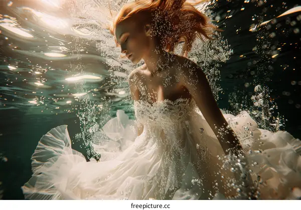 An ethereal underwater portrait of a woman in a wedding dress