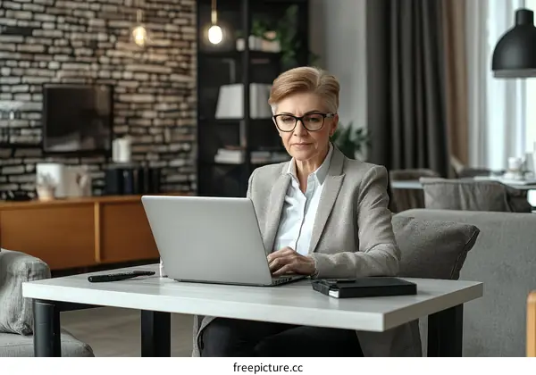 Mature Woman Working on Laptop at Home