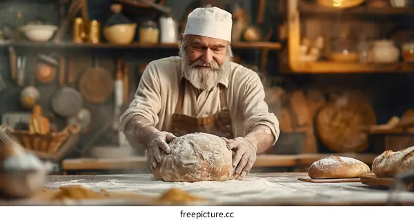 Baker kneading dough in a bakery
