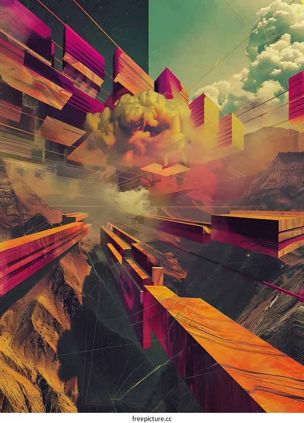 Abstract Landscape with Geometric Shapes and Clouds