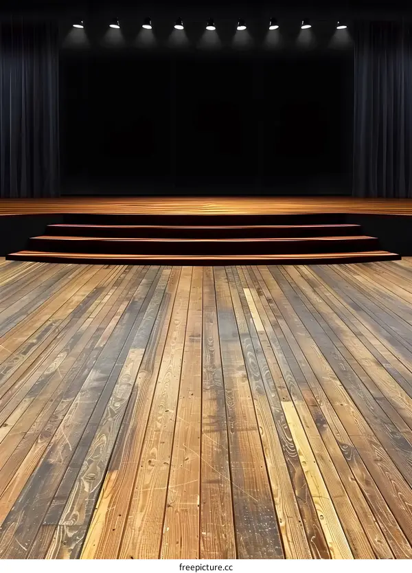 Empty Stage With Wooden Floor And Black Curtains