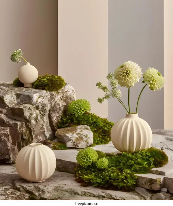 White Ceramic Vases with Green Flowers on a Stone and Moss Background