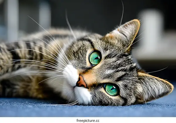 Close-up of a Tabby Cat with Emerald Eyes