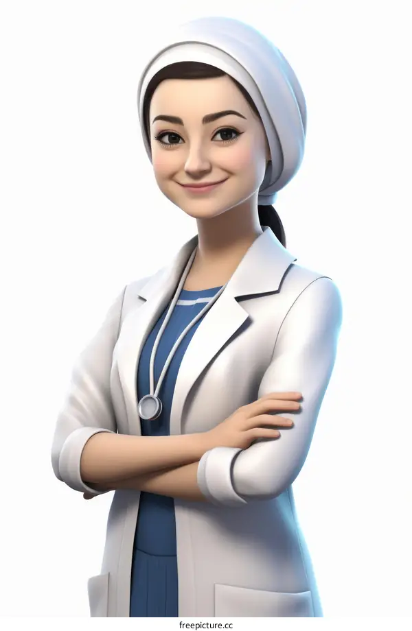 A female doctor wearing a hijab is smiling at the camera