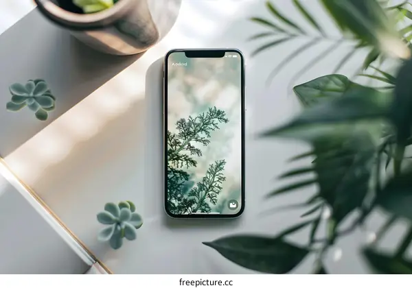 Smartphone with nature themed wallpaper on a white table with plants