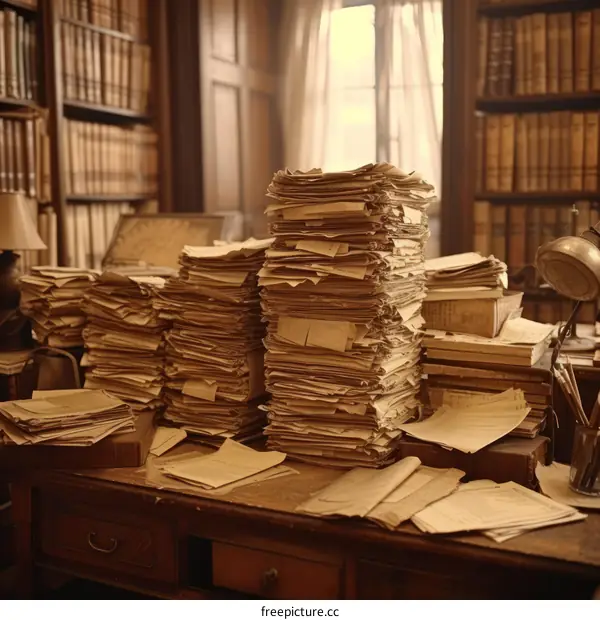 Stacks of old paper documents and books in a vintage library