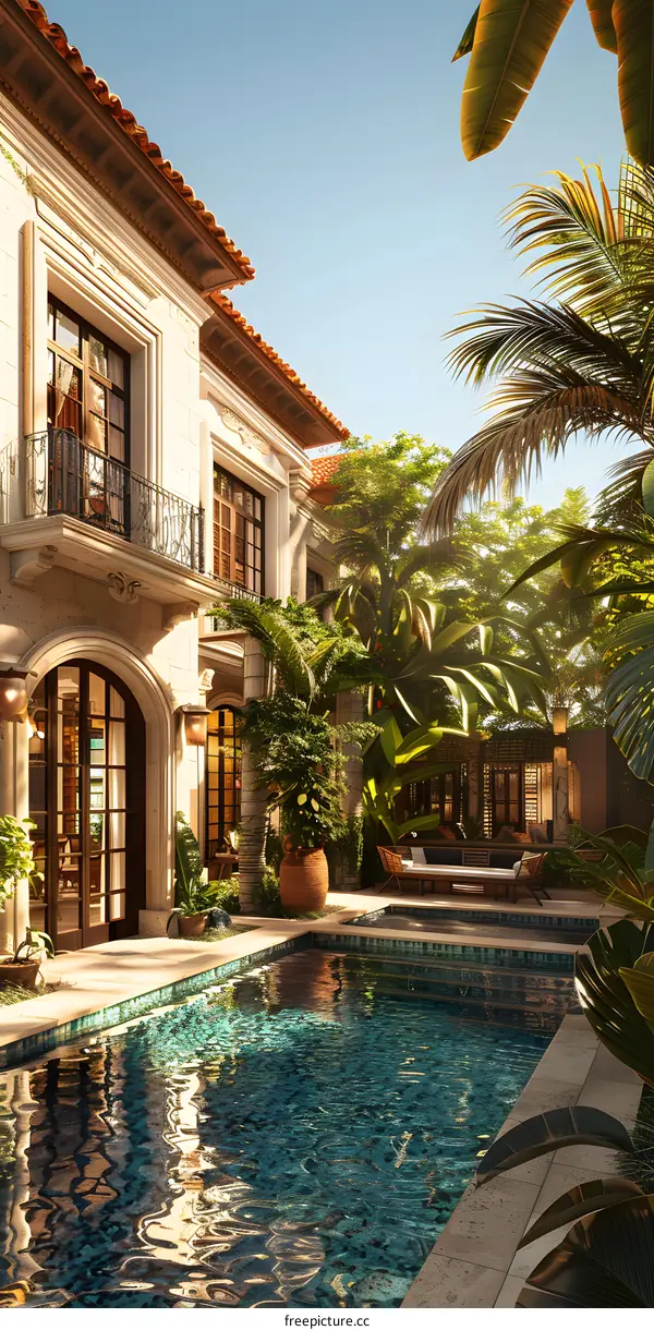 Mediterranean Style Villa with Pool and Lush Greenery