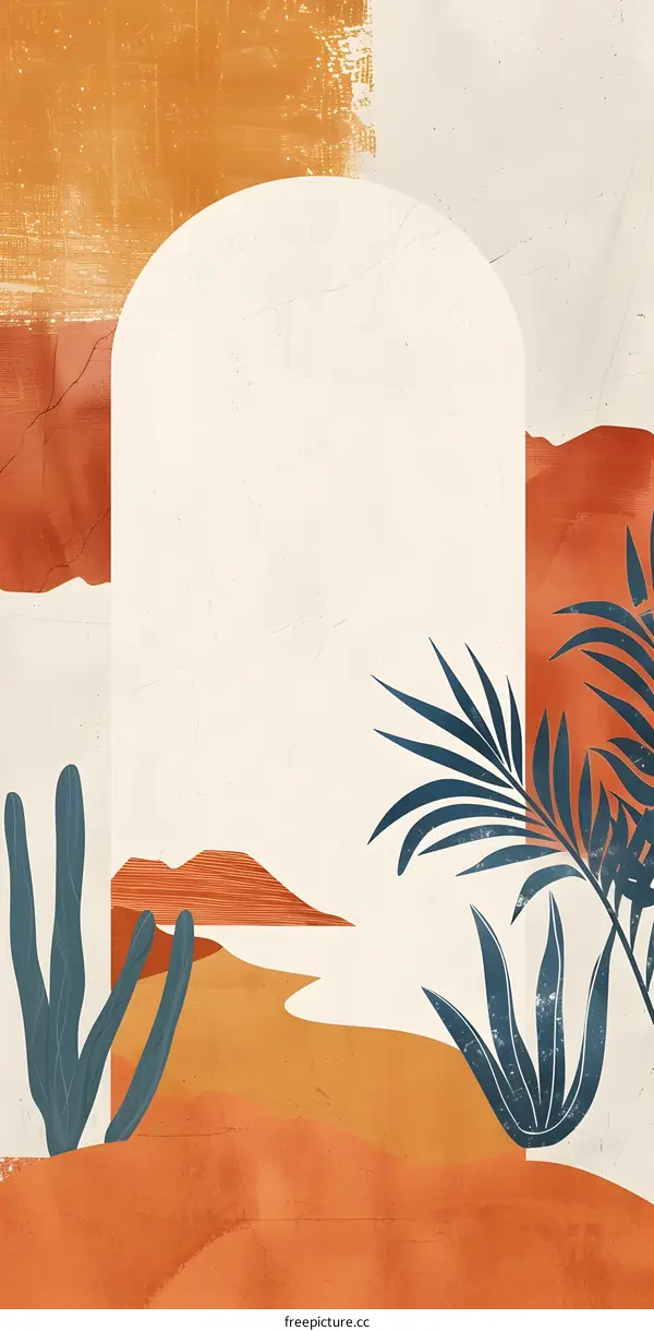 Abstract Desert Landscape with Palm Tree and Cactus