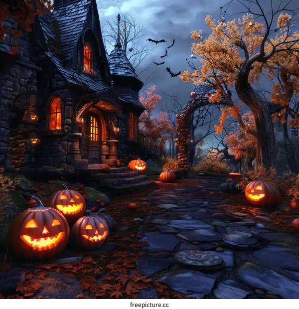 Spooky Haunted House with Pumpkins