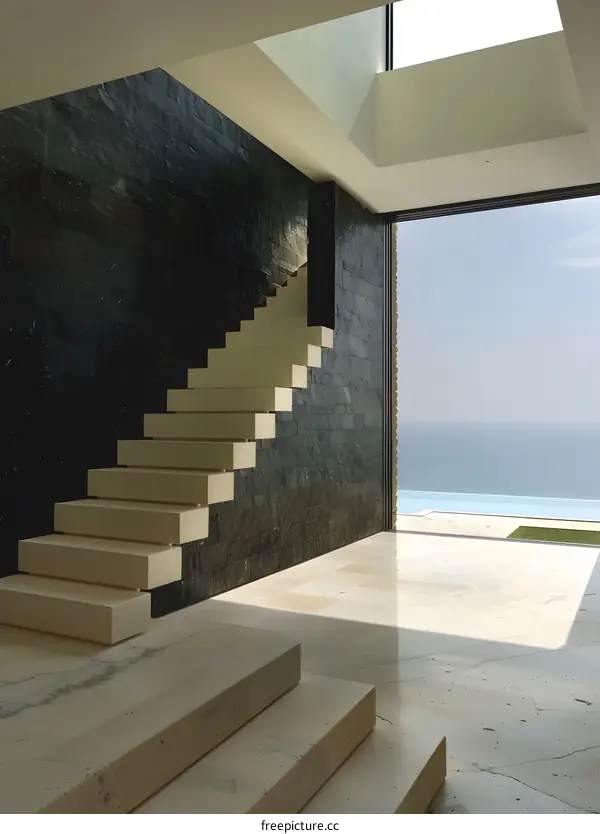 Modern Interior Design with Staircase and Ocean View