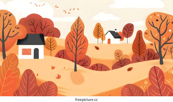 Autumn Landscape with Trees and Houses