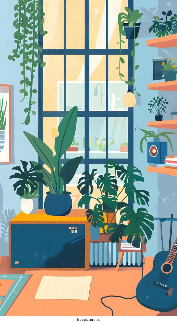 Home Interior Design with Plants and Guitar