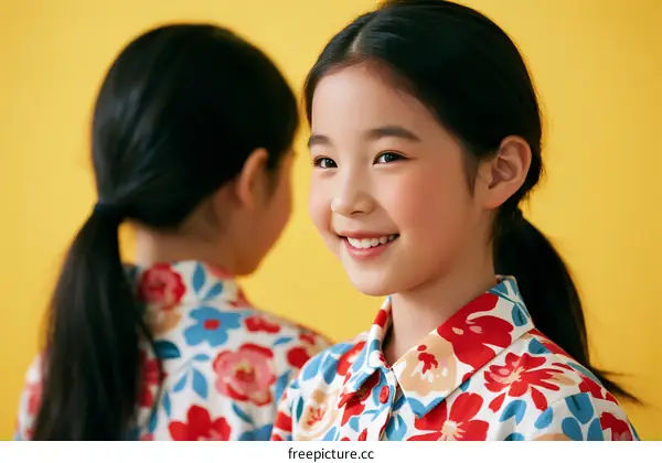 Two Little Girls Wearing Floral Shirts Smiling Together