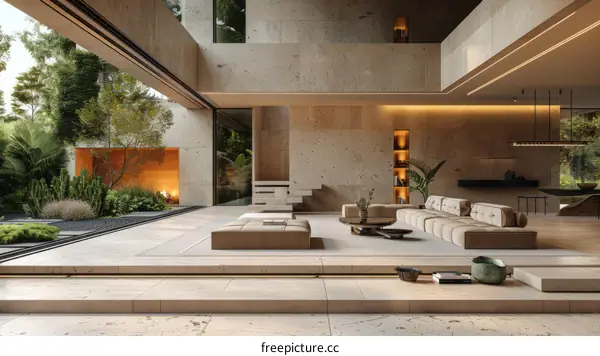 Modern house interior living room with large windows and green garden view