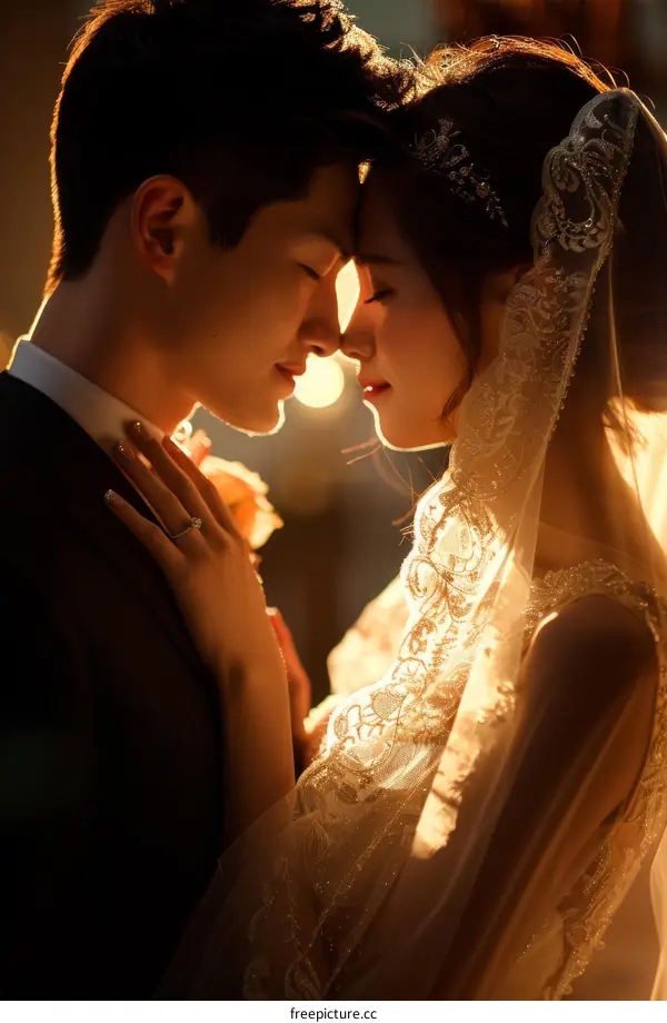 Asian couple in wedding dress and tuxedo