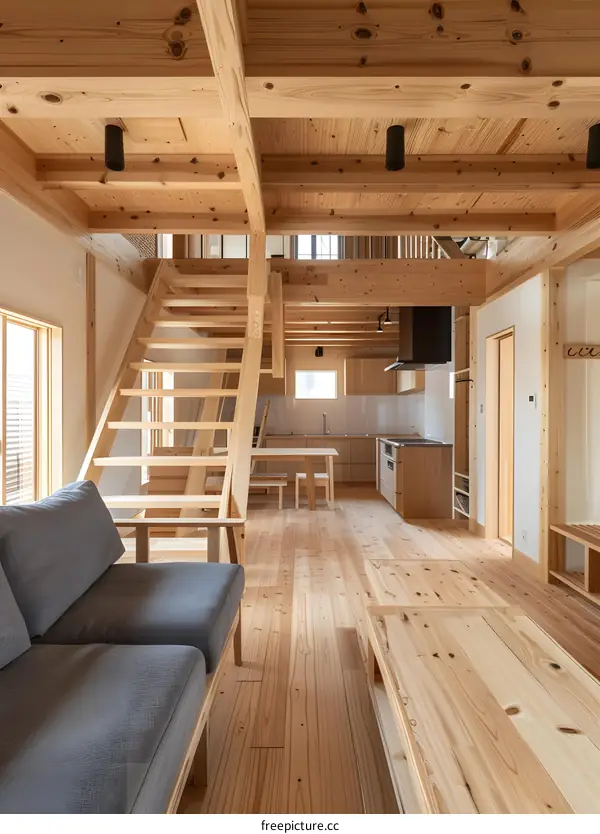 Modern Japanese Style Living Room Interior With Wooden Beams and Stairs