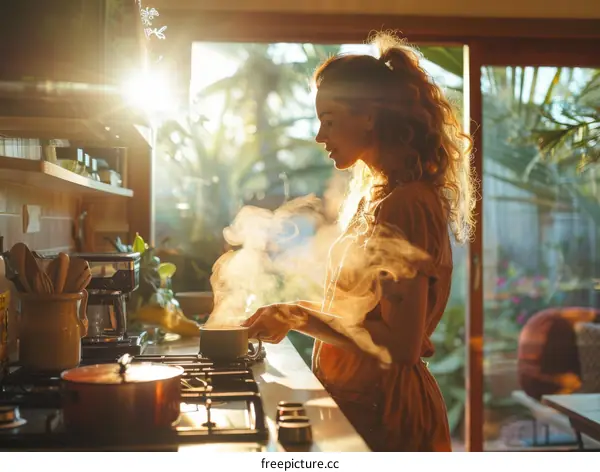 Young woman cooking in a sunlit kitchen