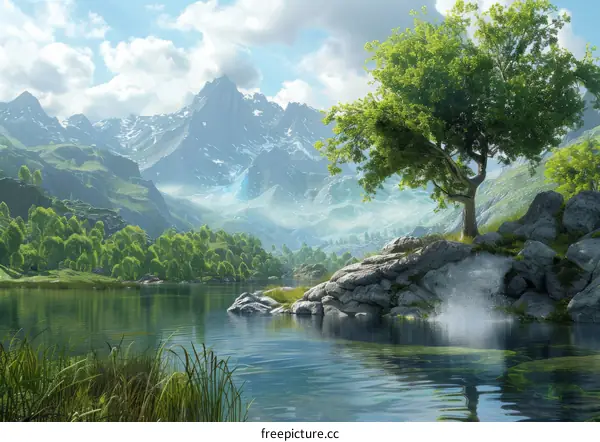 Mountainous Lake with Abundant Greenery