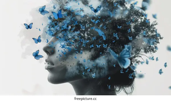 Blue butterflies emerging from a woman's head