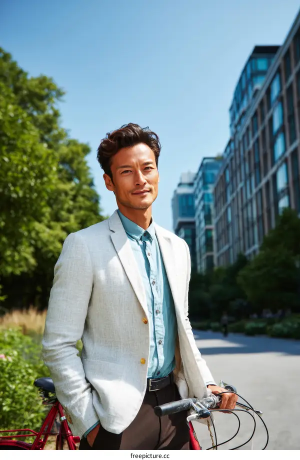 Asian Man in a Light Beige Blazer Riding a Bicycle in City Park