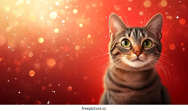 Closeup Portrait of a Striped Cat Against a Red Background with Bokeh