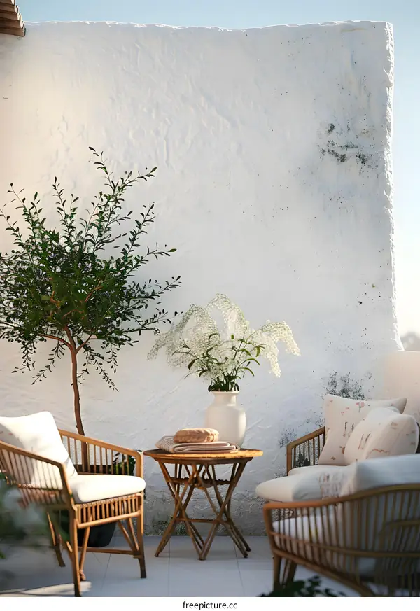 Rattan Furniture Patio Set with White Flowers in Vase and Green Plant