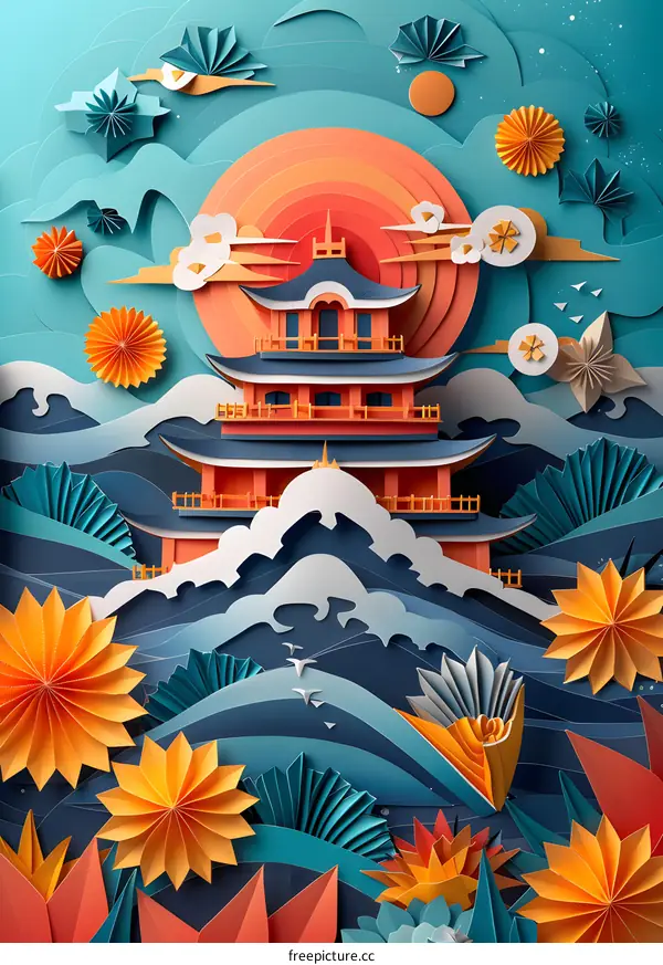 A paper-cut illustration of a traditional Chinese courtyard house