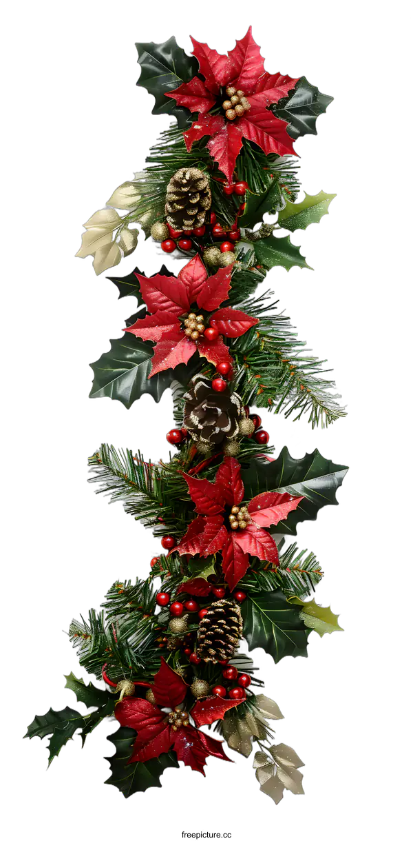 [Transparent Background PNG]Christmas Garland with Red Poinsettias and Pine Cones