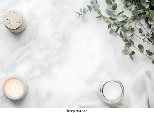 Marble Background With Candles And Eucalyptus