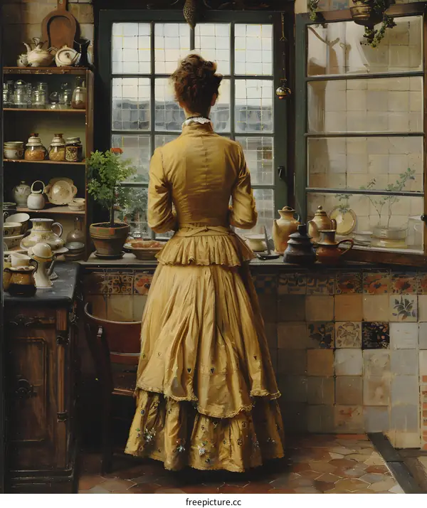 A woman in a yellow dress is standing in the kitchen, her back to us, looking out the window
