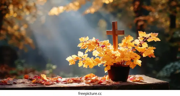 Autumnal Cross and Leaves  A Peaceful Setting