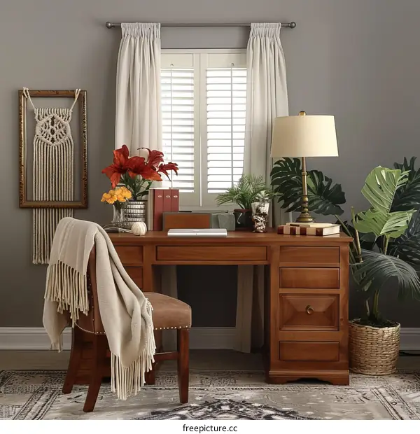 Cozy and Stylish Home Office Setup with Boho Accents