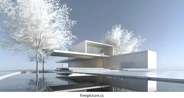 Modern Minimalist Architecture House with Reflection in Pool