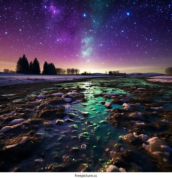 Aurora borealis over a frozen river at night