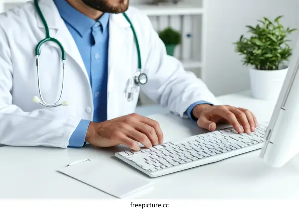 Doctor Working on a Computer in a Clinic