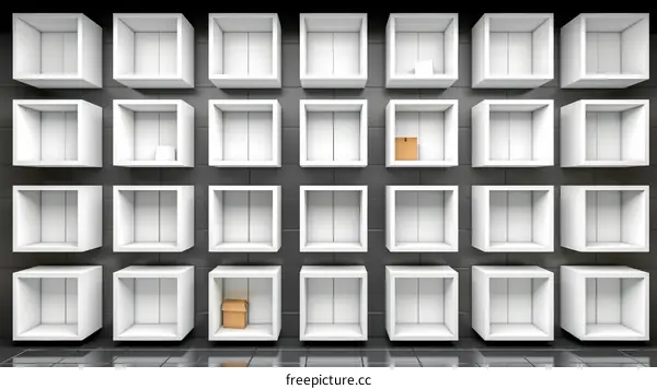 3D rendering of a wall of white boxes with two brown cardboard boxes