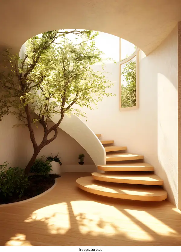 Modern Interior Design With Curved Staircase And Indoor Tree