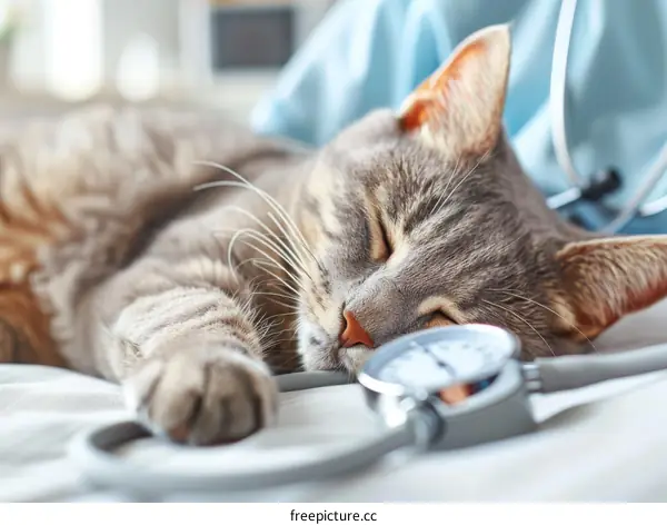 Sleeping Cat with a Stethoscope