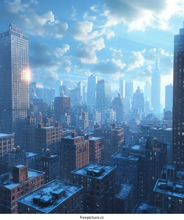Cityscape of Tall Buildings with Blue Sky and White Clouds