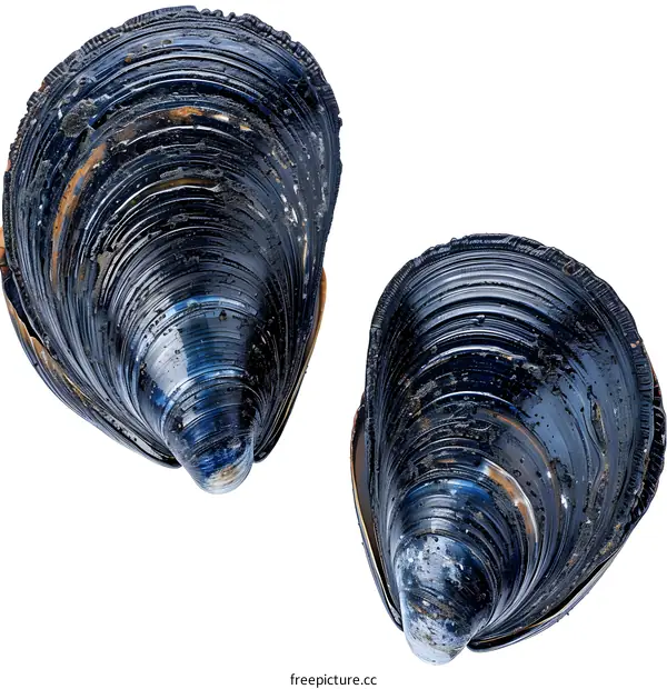 Two empty blue mussel shells on white