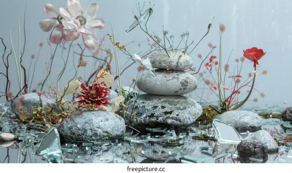 Still life with rocks, flowers and water