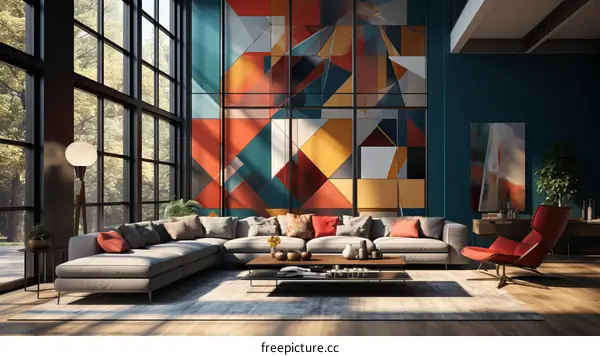 Modern geometric artwork adorns the wall of a living room
