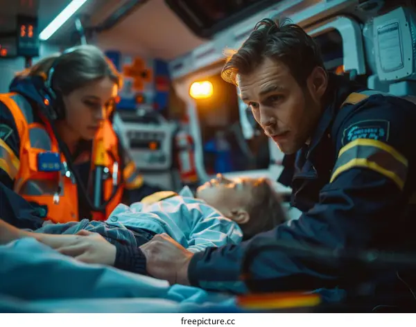Two paramedics are taking care of a young boy in the back of an ambulance