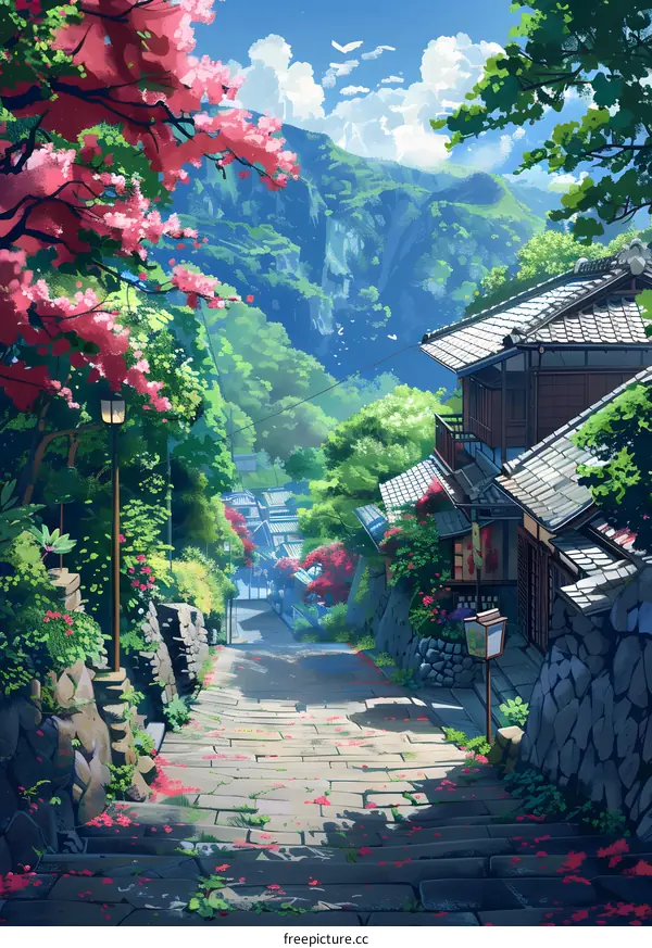 Traditional Japanese Village Landscape Illustration