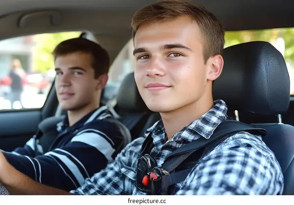 Two Caucasian Teenagers Driving Lessons