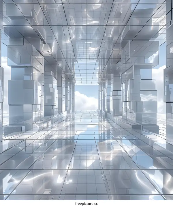 Abstract Futuristic Mirrored Corridor with Blue Sky and White Clouds