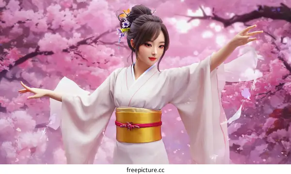 Asian Woman in Traditional Kimono with Sakura Blossoms